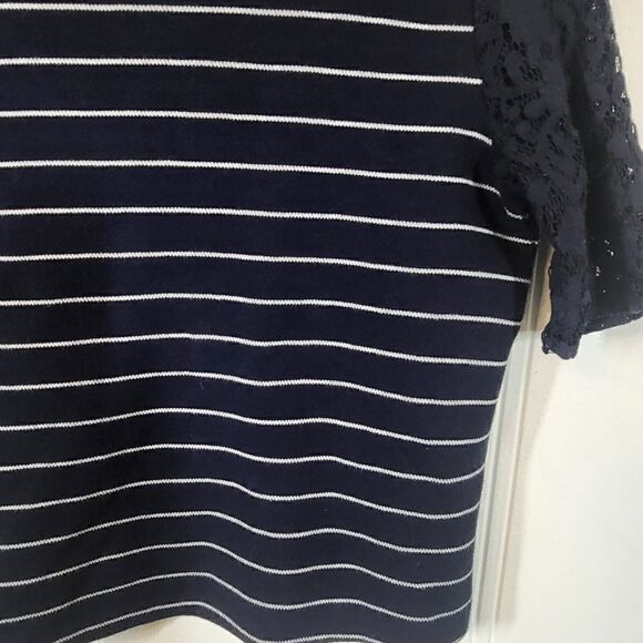 Ann Taylor Loft Blue & White Striped Top With Lace Sleeves - Picture 4 of 9
